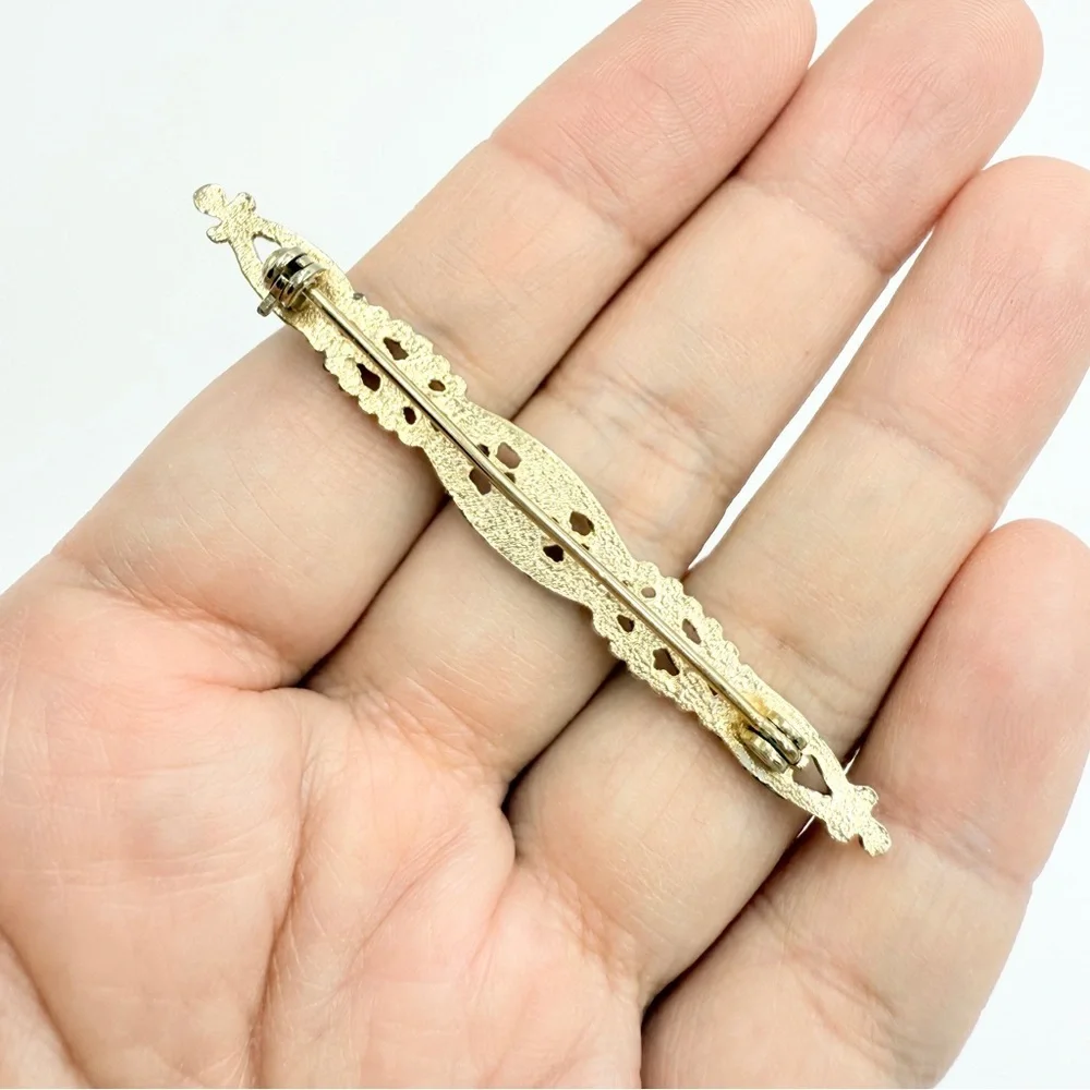 Vintage Bar Brooch – Gold Tone with Faux Pearls & Crystal Stones - Picture 6 of 7